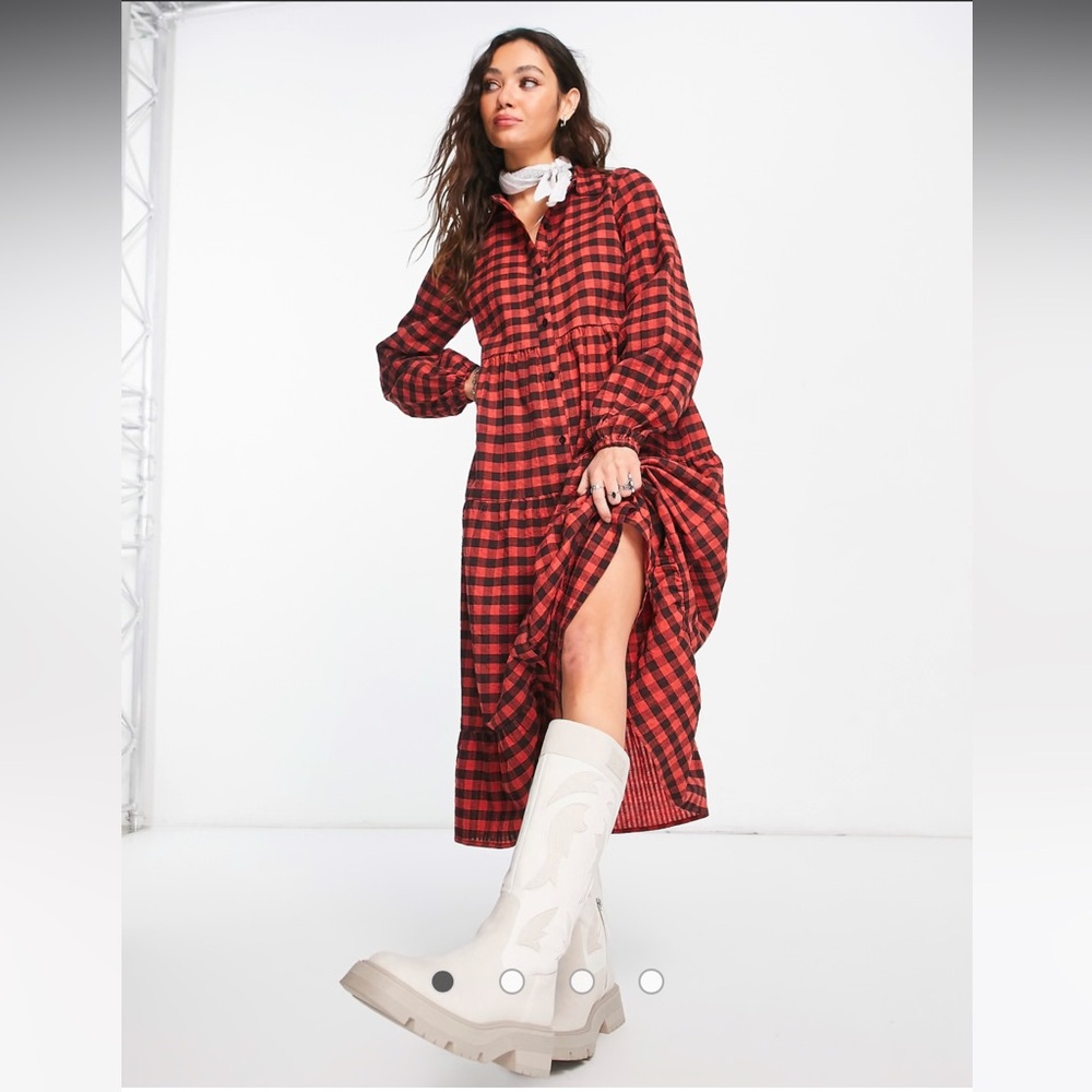 ASOS Violet Romance tiered midi shirt dress in rust gingham print